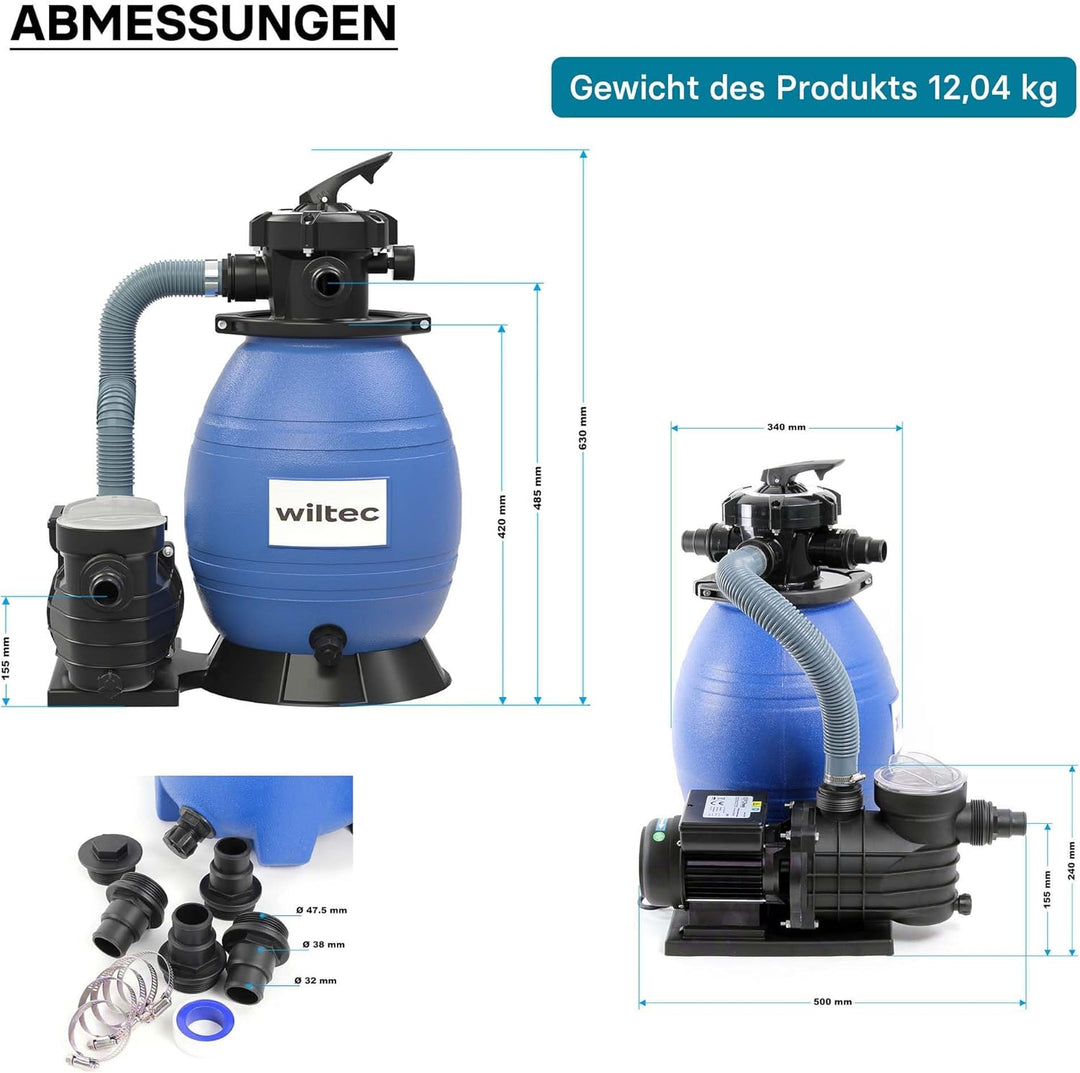 Wiltec Sandfilteranlage 370 W mit 26l Filtertank und selbstansaugender Pumpe 13200 l/h, Sandfilterpu
