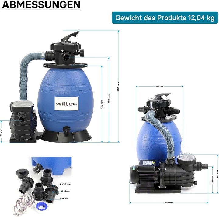 Wiltec Sandfilteranlage 370 W mit 26l Filtertank und selbstansaugender Pumpe 13200 l/h, Sandfilterpu