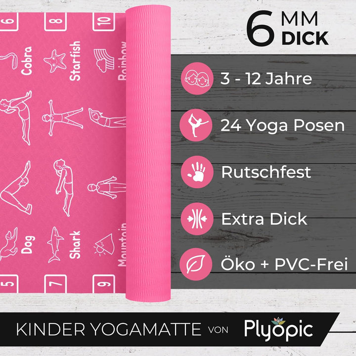 Plyopic Kinder Yogamatte – Leicht, Rutschfest, TPE Fitnessmatte – Ideal für Jungen &amp; Mädchen (3–12 J