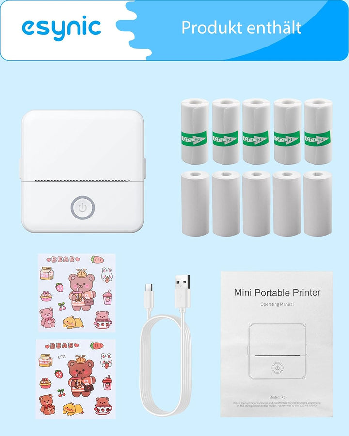 eSynic Tragbarer Mini-Drucker, kompatibel mit Android und iOS, Thermodrucker ohne Tinte oder Toner,