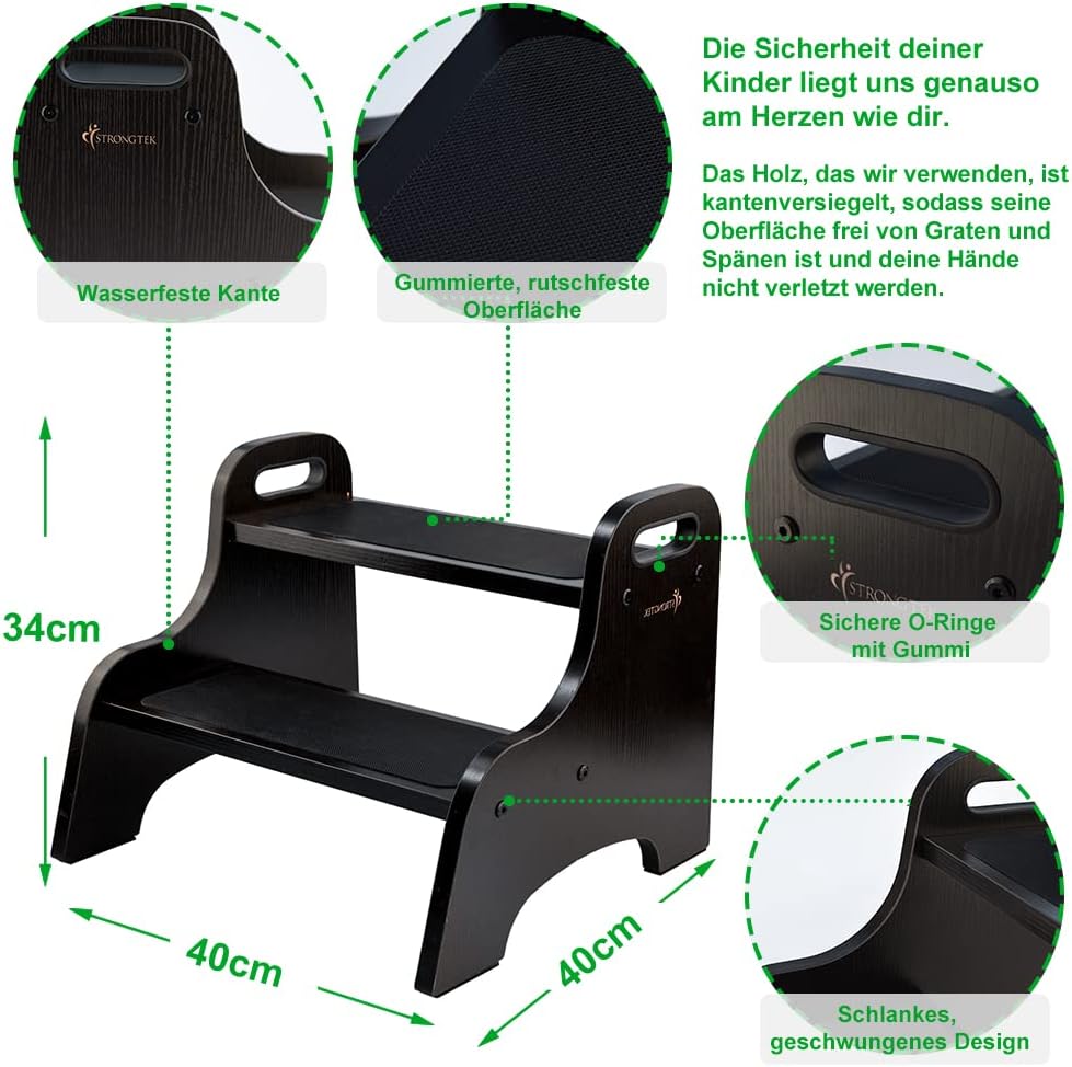 StrongTek Wood 2 Tritthocker für Kinder mit Rutschfester Trittfläche, tragbaren Griffen, rutschfeste