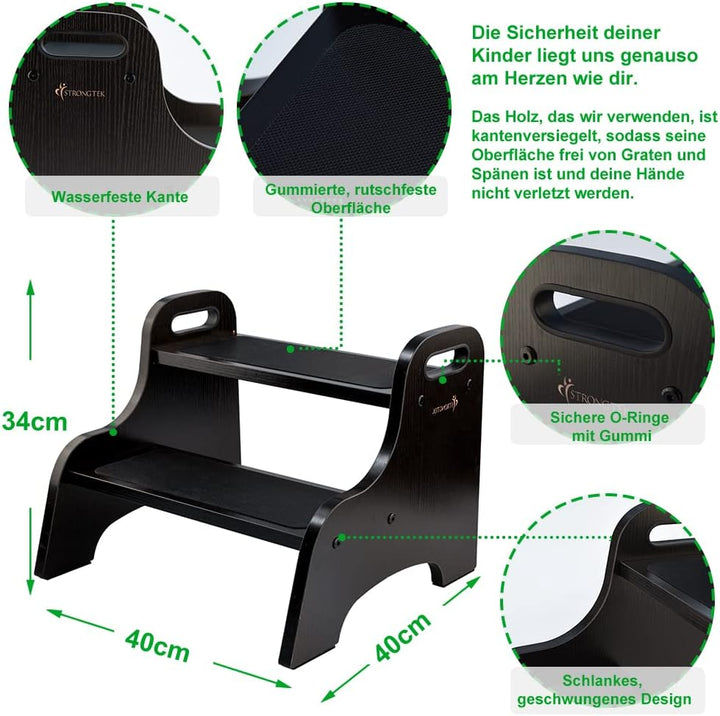 StrongTek Wood 2 Tritthocker für Kinder mit Rutschfester Trittfläche, tragbaren Griffen, rutschfeste