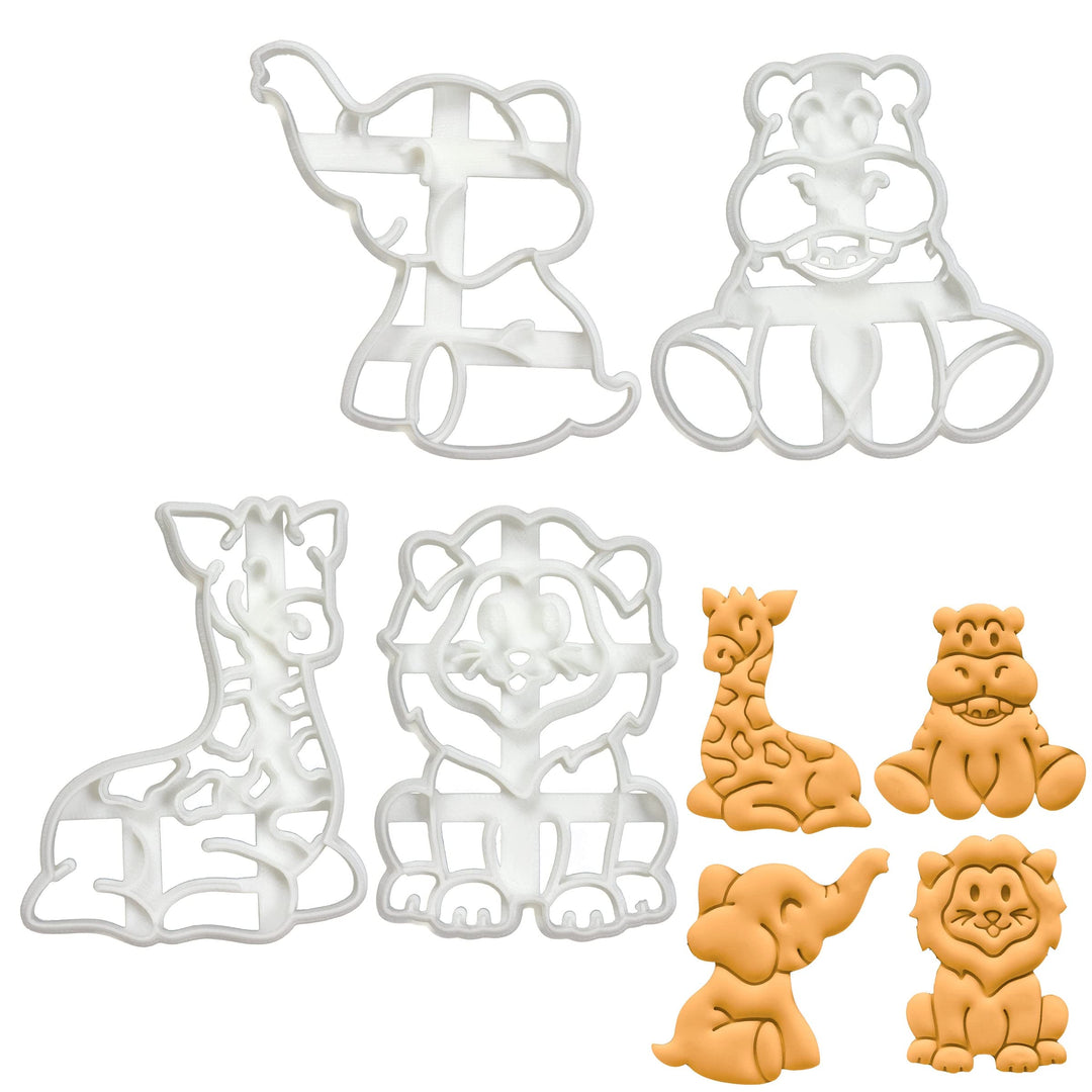 4er Set Safari-Babys Ausstechformen (Formen: Löwe, Elefant, Nilpferd, Giraffe), 4 Teile, Bakerlogy