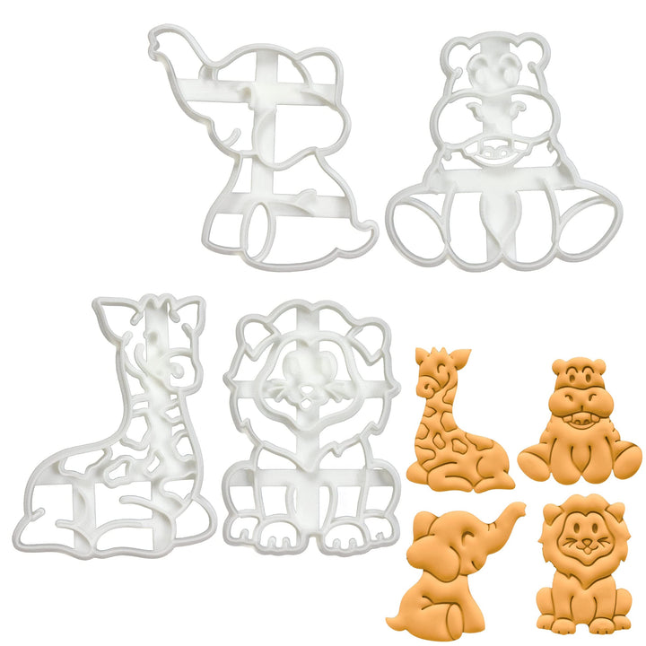 4er Set Safari-Babys Ausstechformen (Formen: Löwe, Elefant, Nilpferd, Giraffe), 4 Teile, Bakerlogy