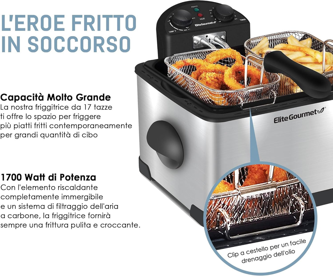 Elite Gourmet EDF-401T Elektrische Öl-Fritteuse, 3 Behälter, 1700 W, Timer-Steuerung, einstellbare T