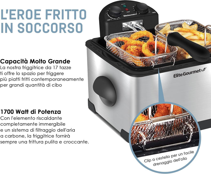 Elite Gourmet EDF-401T Elektrische Öl-Fritteuse, 3 Behälter, 1700 W, Timer-Steuerung, einstellbare T