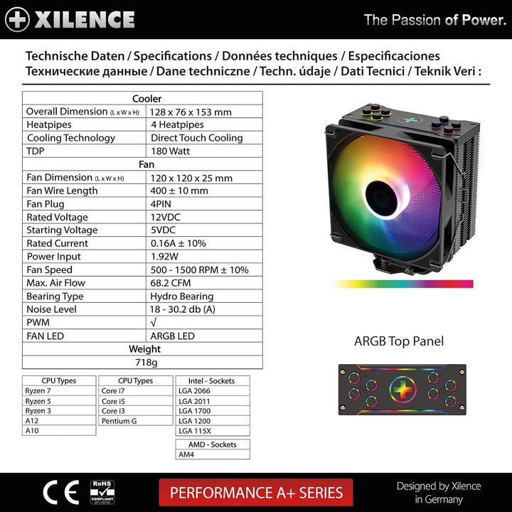 Xilence M704PRO.ARGB AMD und Intel CPU Kühler, 120mm ARGB PWM Lüfter, 180W TDP, transparent/schwarz