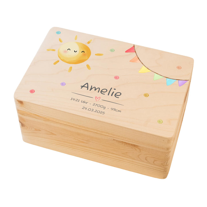 LARIFEE Erinnerungskiste personalisiert Sonne mit Name – Baby Erinnerungsbox Holz klein 30x20x14 cm