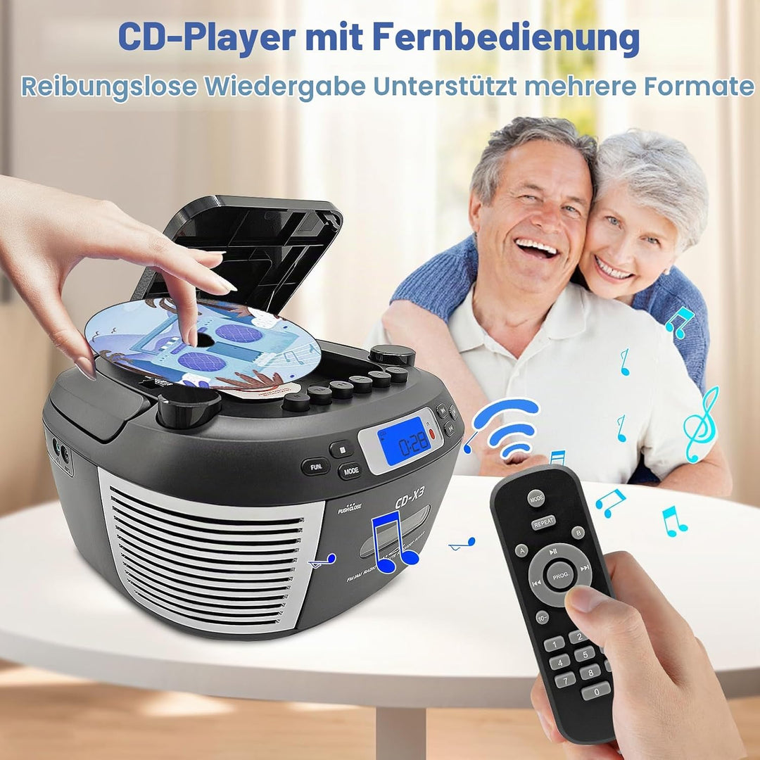Tragbarer CD- &amp; Kassettenplayer mit Fernbedienung – Inklusive FM/AM-Radio, USB-Wiedergabe, Bluetooth