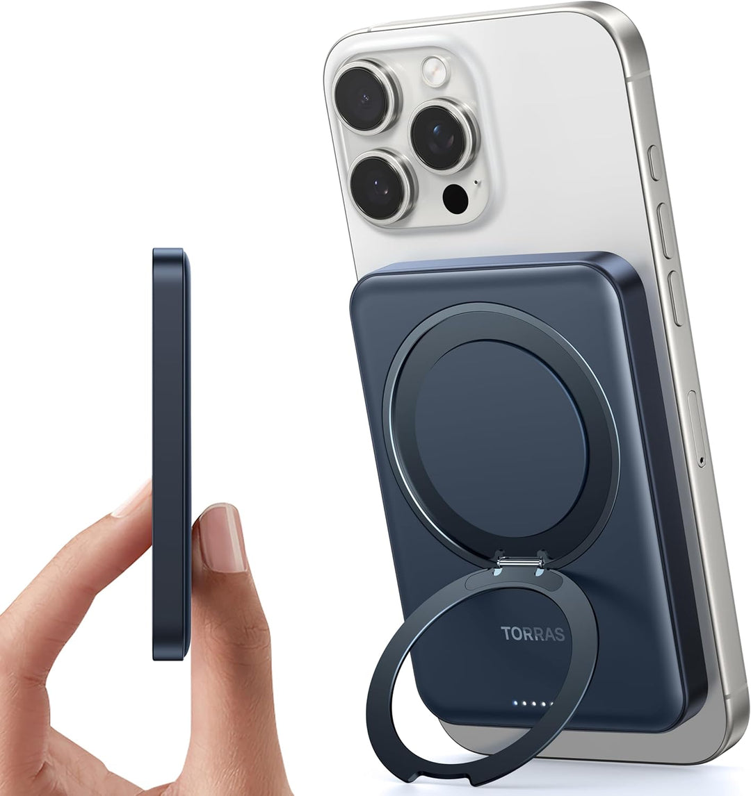 TORRAS Ultra Dünn Power Bank für Magsafe mit 360° Ostand Ring Magnetische Powerbank für iPhone 15/14