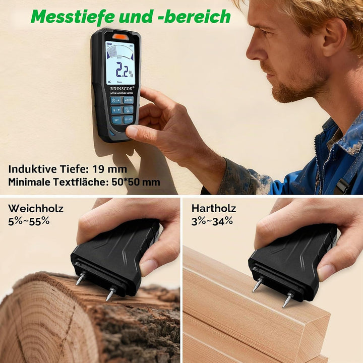 RDINSCOS Feuchtigkeitsmessgerät Feuchtigkeitsmesser Wand, Holzfeuchtemessgerät, Digitales Pin-Messge