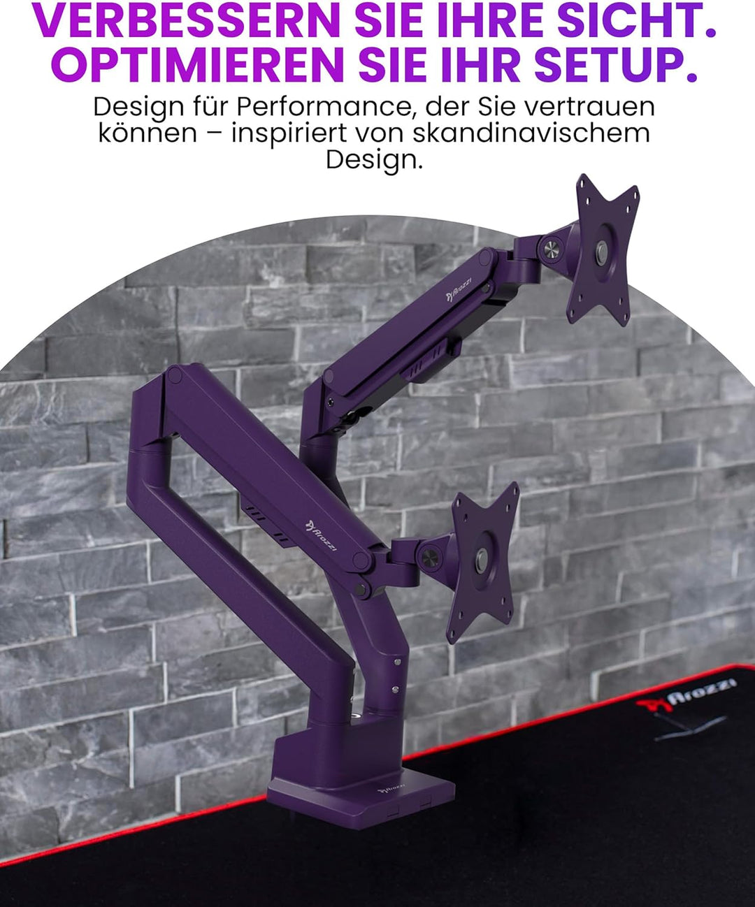 Arozzi Alzare Neo Duo Monitorarm mit Gasfeder - 2 Arme, für 43–86 cm Monitore, VESA 75/100, 360° dre