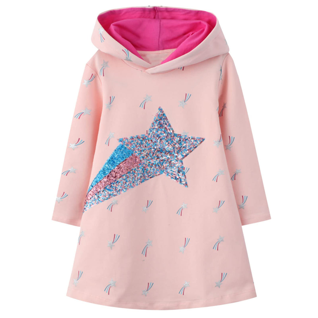 Mädchen Kleid Baumwolle Langarm Kapuzenpullover Hoodie 2-7 Jahre | Streifen Blumen Muster, Langarm,