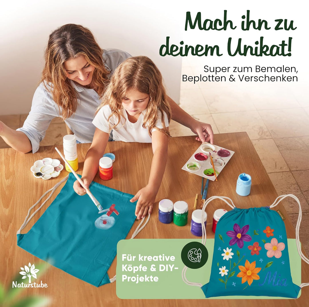 Baumwoll 10er Set Petrol farbene Turnbeutel Sportbeutel Zuziehbeutel Gymsack Sack Jute Schule Rucksa