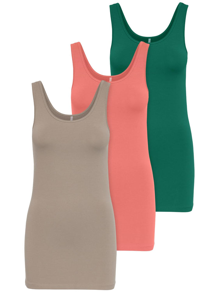 ONLY 3er Pack Damen Oberteile Basic Tank Tops weiss, schwarz, grau, blau, Creme Frauen Shirt lang So