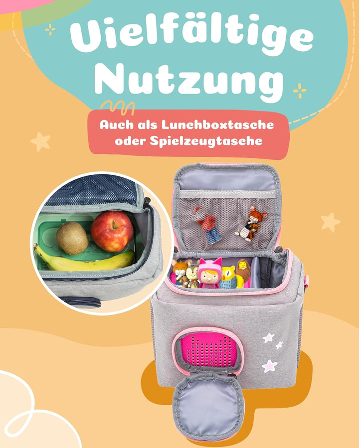 JP Journey Tasche für Toniebox - Transporttasche für 10 Figuren und Box, Reise und Auto (Grau-Rosa E