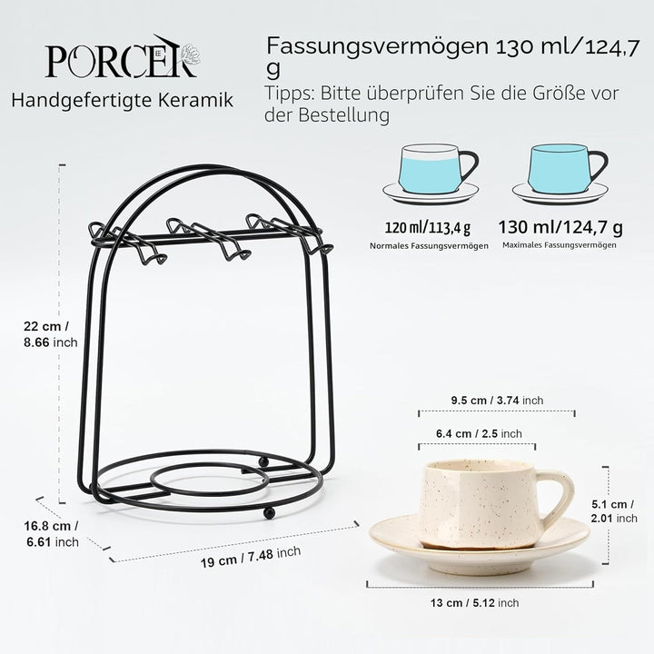 PORCER 6×130 ml (4,4 oz) Keramik-Kaffeetasse und Untertasse mit schwarzem Metallständer, stapelbare