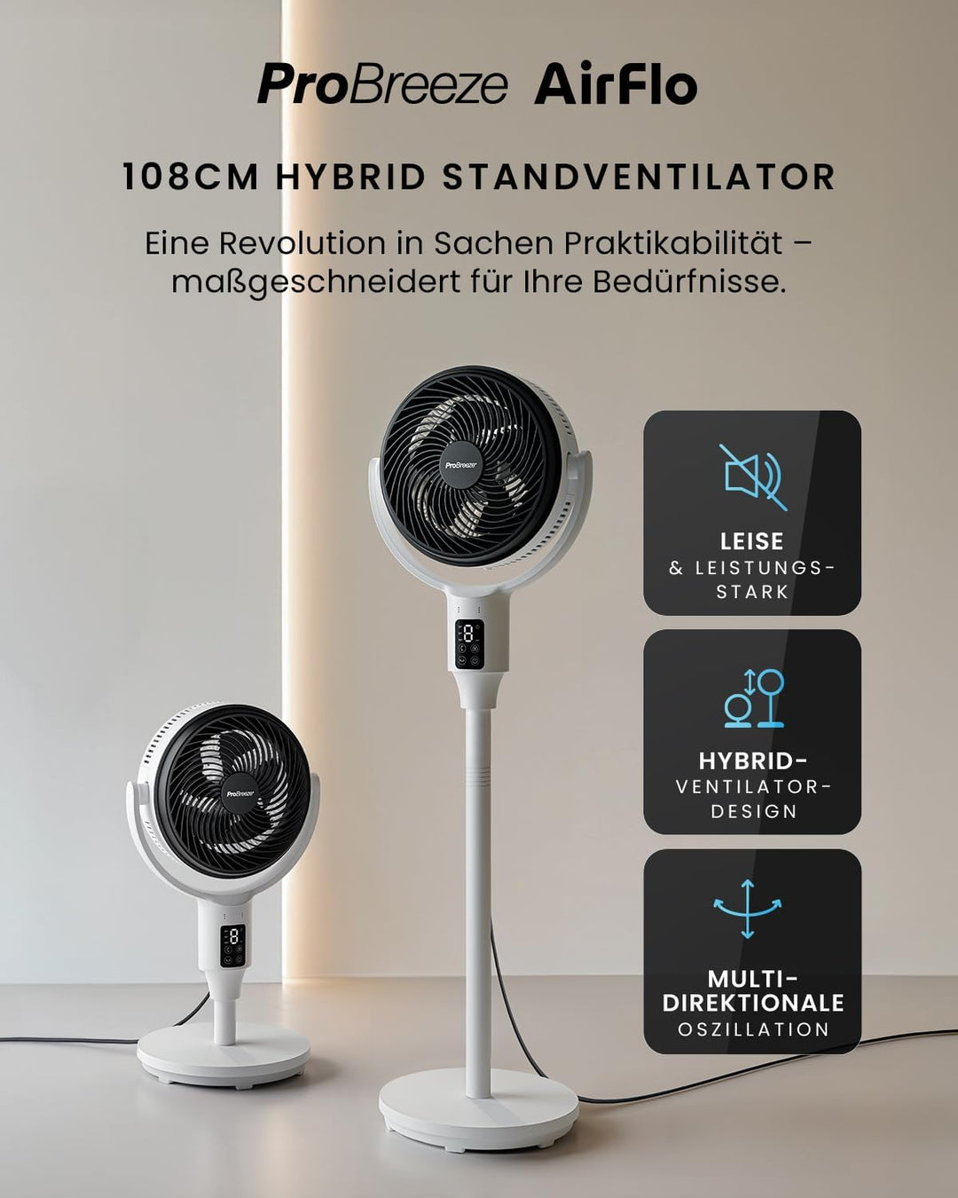 Pro Breeze AirFlo Standventilator 109cm – Leiser Ventilator mit Fernbedienung & LED-Display – 2 Modi