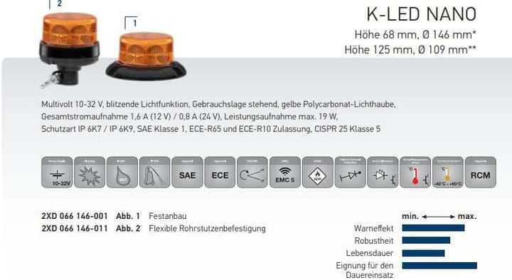 HELLA - LED-Blitz-Kennleuchte - K-LED Nano - 12/24V - gelb - geschraubt - Kabel: 150mm - Stecker: Fl