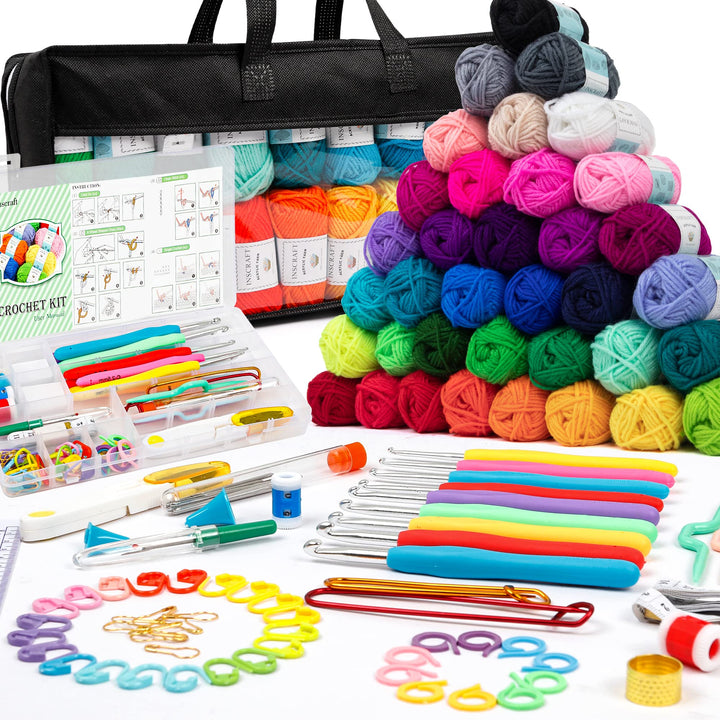 Inscraft Häkelwolle Set, 113 Stück Häkelgarn Set mit 1600yd Strickgarn in 40 Farben, ergonomische Hä