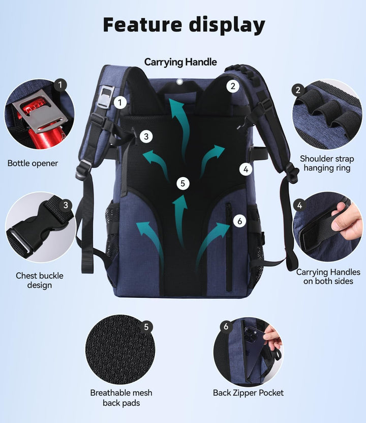 DEWUR Kühlrücksack 35L Thermo Rücksack Kühltasche Wasserdichter Picknickrücksack mit Flaschenöffner