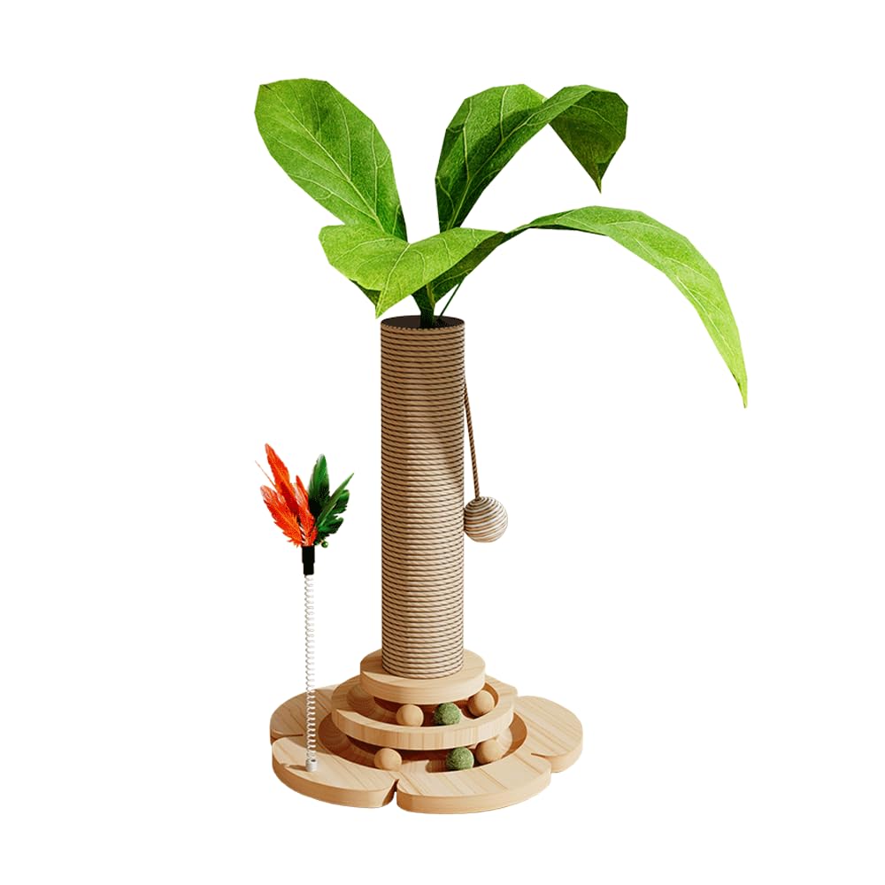 Marchul 5 in 1 Katzenspielzeug, Katzenkratzbaum mit Sisalseil, Hölzerne Katze Track Toy Ball mit Spr