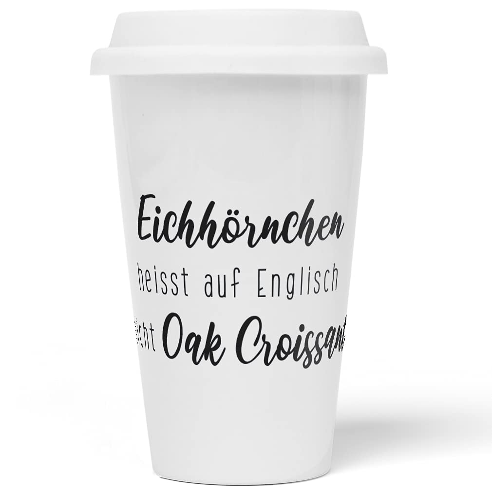 JUNIWORDS To-Go Becher mit Deckel, Eichhörnchen heisst auf Englisch nicht Oak Croissant