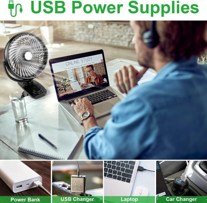 ELZO USB Ventilator Akku, 5000mAh Leise Mini Tischventilator Clip Fan, Auto-Oszillierend, 360° Drehu
