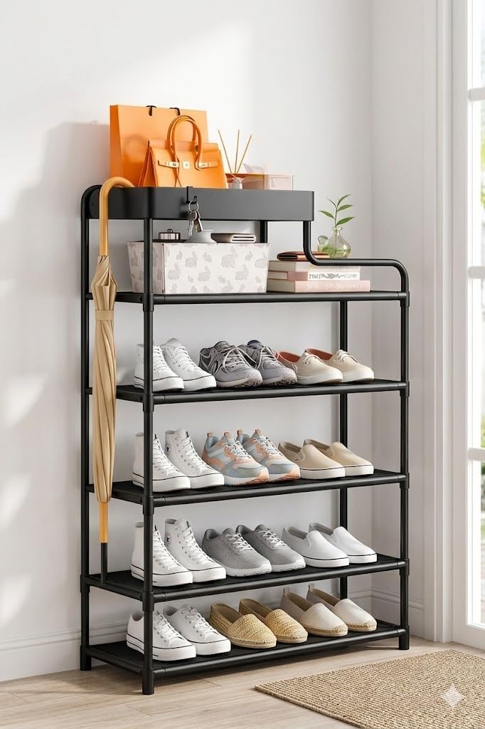 ELNO Schmales Schuhregal 21cm Tief – Platzsparender Schuhständer mit 5 Ebenen für bis zu 7 Paar leic
