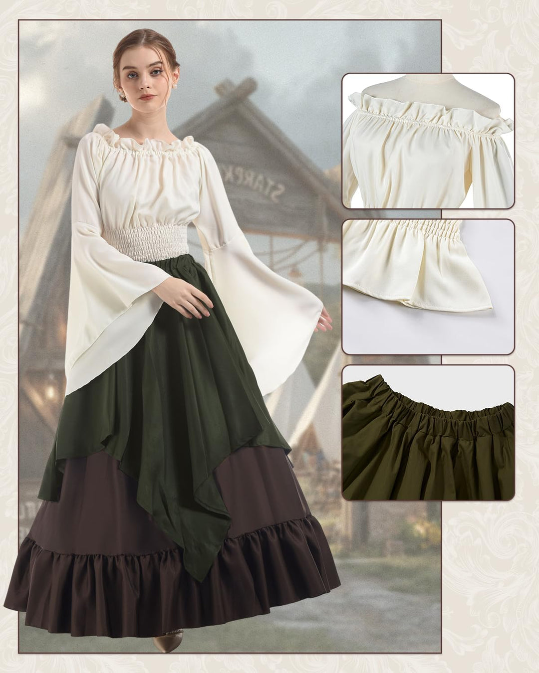 Renaissance Kleid Damen Mittelalter Kleidung Kostüme Fasching Set, Grün+braun S