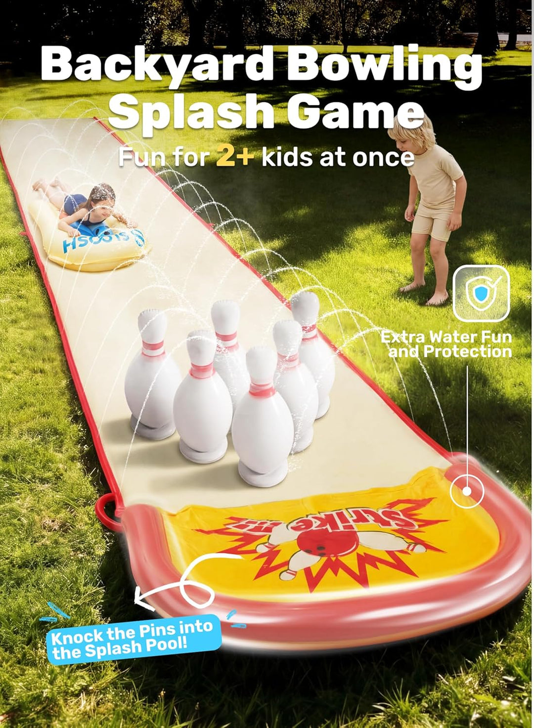 Sloosh 22ft / 6,7m Garten-Wasserrutsche mit Bowling-Set – aufblasbare Kegel & Bälle, doppelte Spur m