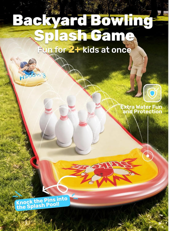 Sloosh 22ft / 6,7m Garten-Wasserrutsche mit Bowling-Set – aufblasbare Kegel & Bälle, doppelte Spur m