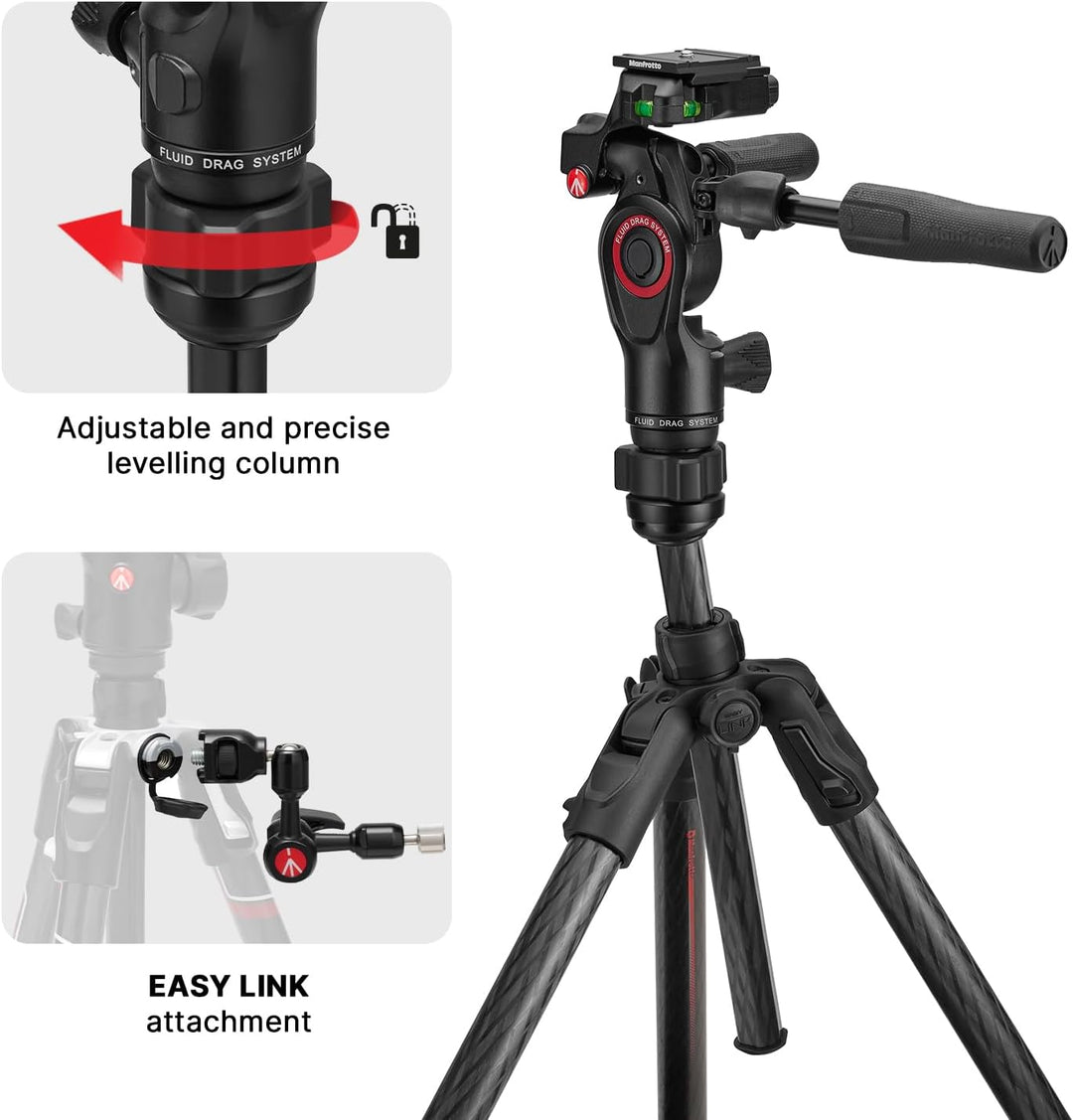 Manfrotto Befree GT PRO Reisestativ aus Kohlefaser, 4-teilig, mit 3-Wege-Schwenk-/Neigekopf, Schwarz