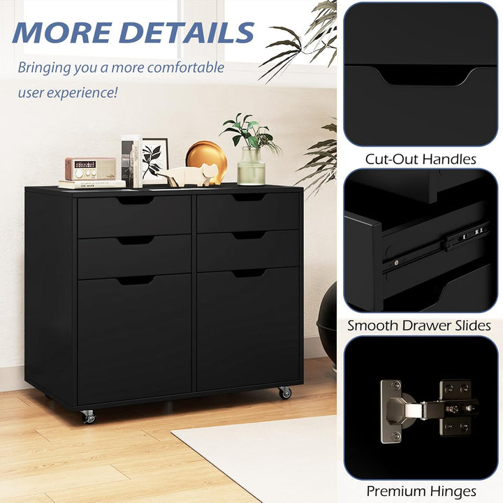KOMFOTTEU Aktenschrank mit 5 Rollen, Rollcontainer mit 4 Schubladen & 2 Schränken mit Türen, Bürocon