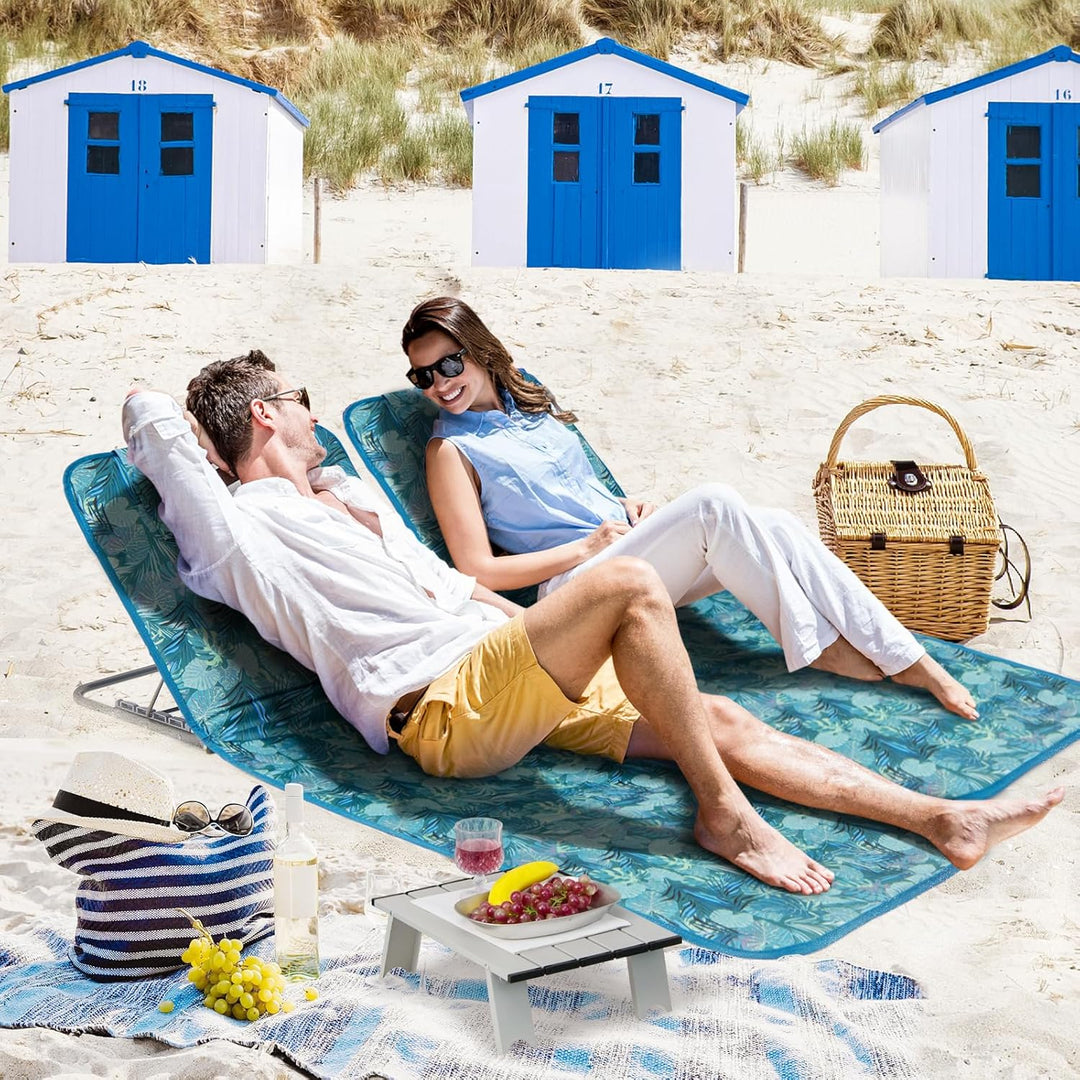 COSTWAY 2er Set Strandmatte mit Beistelltisch, Kopfkissen & Staufach, Liegematte mit Verstellbarer R