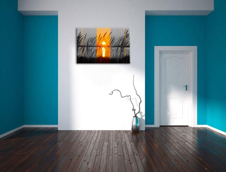Gräser bei Sonnenuntergang schwarz/weiss Format: 100x70 auf Leinwand, XXL riesige Bilder fertig gera