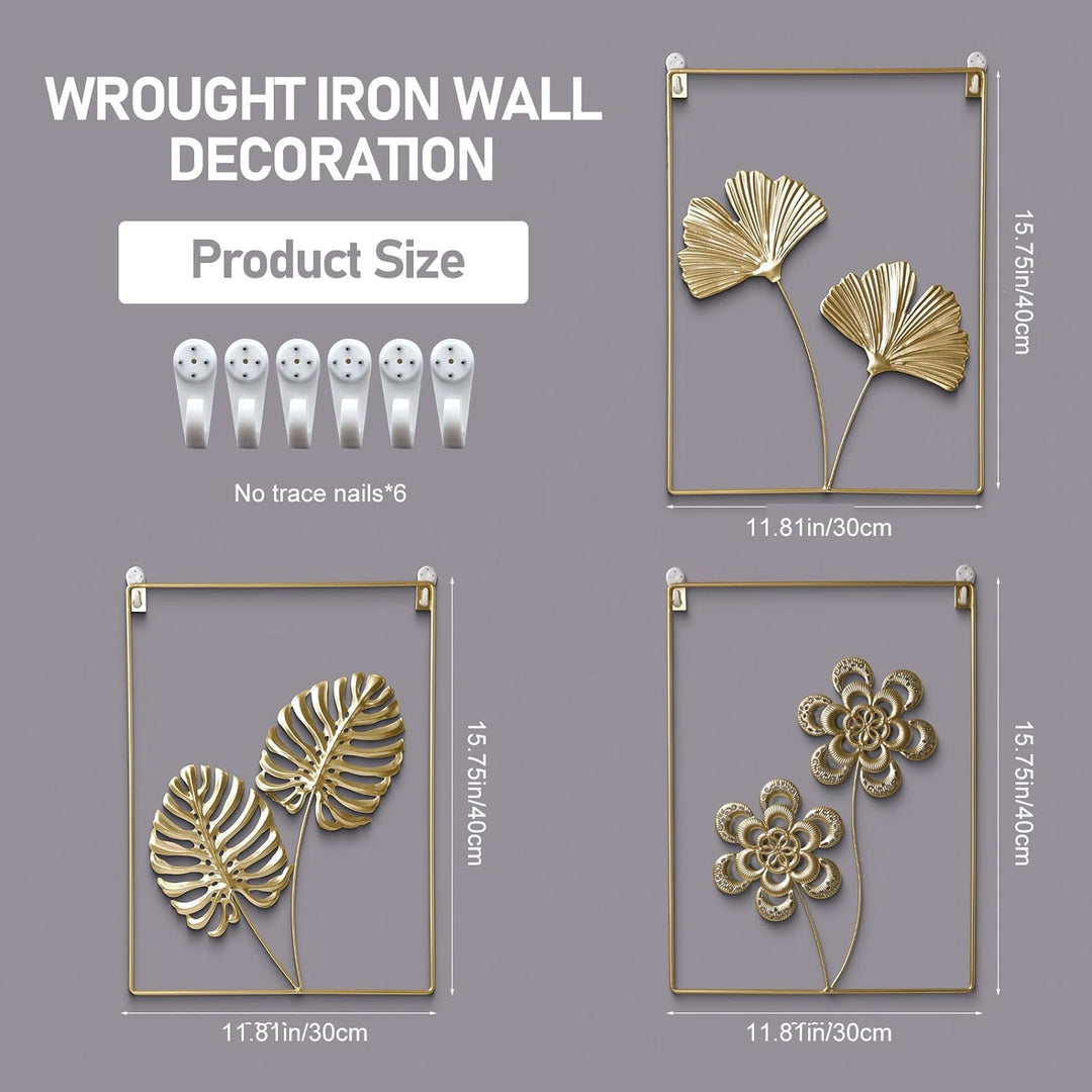Gold Wanddekoration Set Wandbilder 3 Stück, Metallblatt Dekorative Modern Minimalistisch Abstrakte L