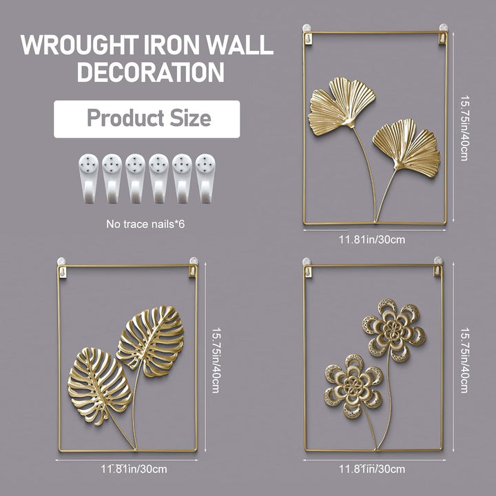 Gold Wanddekoration Set Wandbilder 3 Stück, Metallblatt Dekorative Modern Minimalistisch Abstrakte L