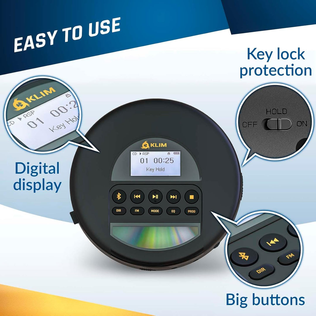 KLIM Nomad CD Player Bluetooth - Tragbarer CD-Player Discman mit langlebigem Akku - Inklusive Kopfhö
