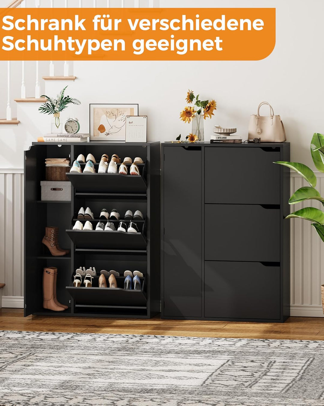 IRONCK Schuhschrank mit 3 Klappen, Schuhkipper Schmal mit Tür, Schuhregal Flur freistehend, Schuhkom