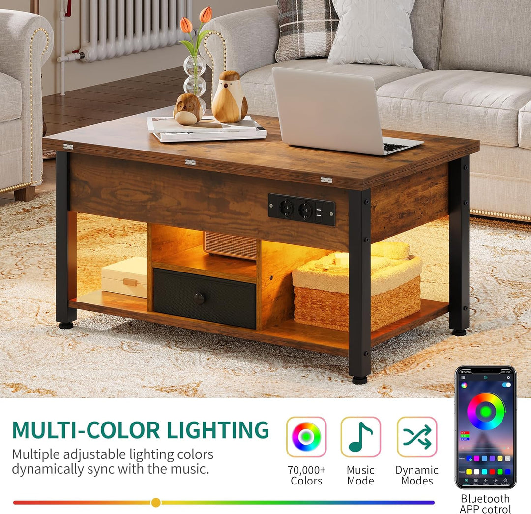 YITAHOME Couchtisch mit Höhenverstellbarer, 4-in-1-Multifunktions-Couchtisch mit Stauraum und LED Be