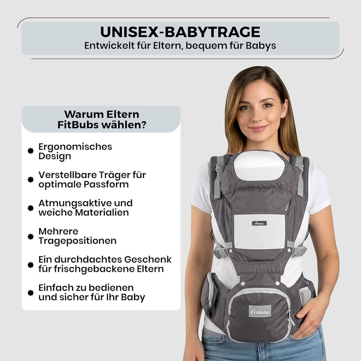 Babytrage für Neugeborene ab Geburt, 2-in-1 Babytrage mit Hüftsitz, Geeignet für 3–36 Monate, 3–20 k