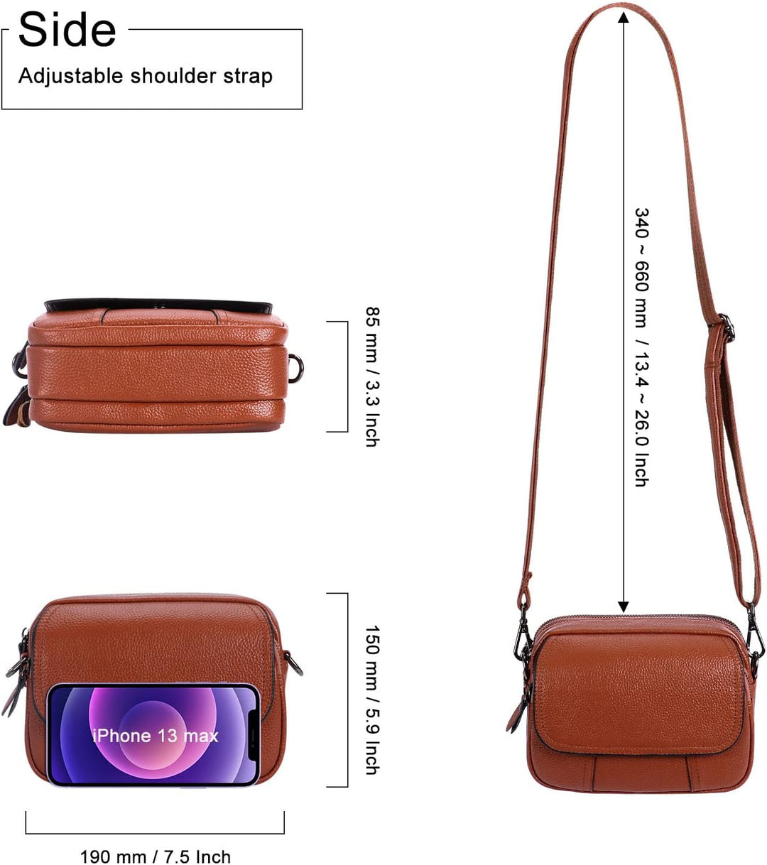 HAWEE Damen Handy Umhängetasche Echtes Leder Crossbody Schultertasche mit 3 Reissverschlüsse Kleine