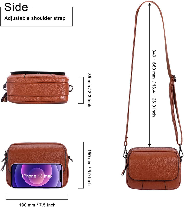 HAWEE Damen Handy Umhängetasche Echtes Leder Crossbody Schultertasche mit 3 Reissverschlüsse Kleine