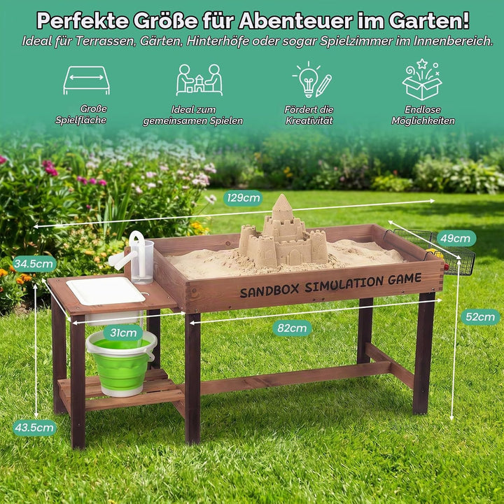 WOODENFUN Matschküche für Kinder Outdoor Sandkasten mit Dekoration Holz Zubehör, Spülen, Eimer, Sand