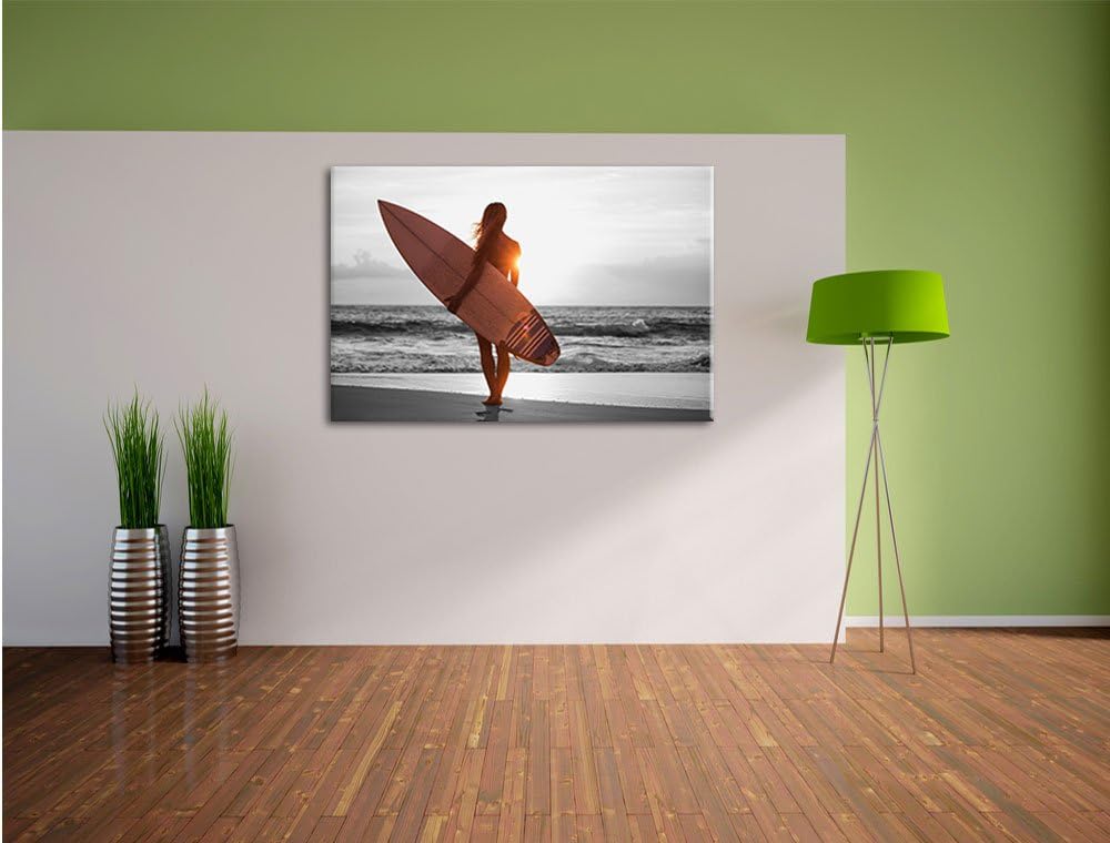 Pixxprint Surferin vor Sonnenuntergang als Leinwandbild/Grösse: 100x70 cm/Wandbild/Kunstdruck/fertig