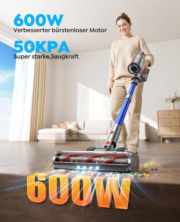 Fieety Akku Staubsauger mit 2 akkus, 130Min/50Kpa/600W Staubsauger Kabellos mit Aromatherapie, Autom