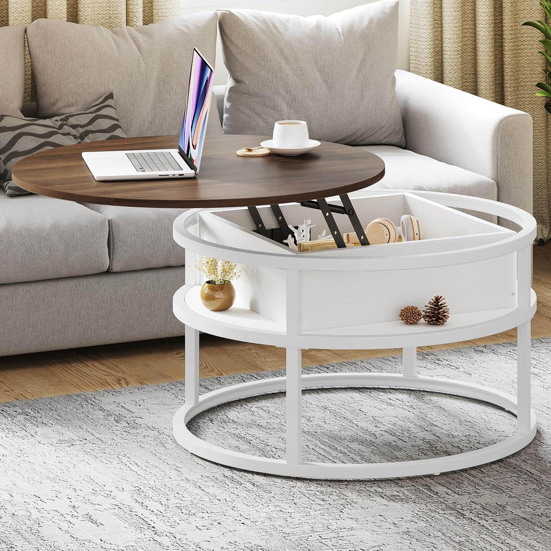 YITAHOME Couchtisch Rund mit Hebeplatte, Wohnzimmertisch mit verstecktem Ablagefach, Beistelltisch R