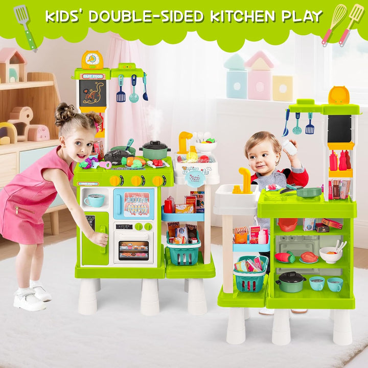 deAO Kinderküche Spielküche mit Wasserfunktion & Dampf, 54 Stck. Höhenverstellbar Küchenspielset mit