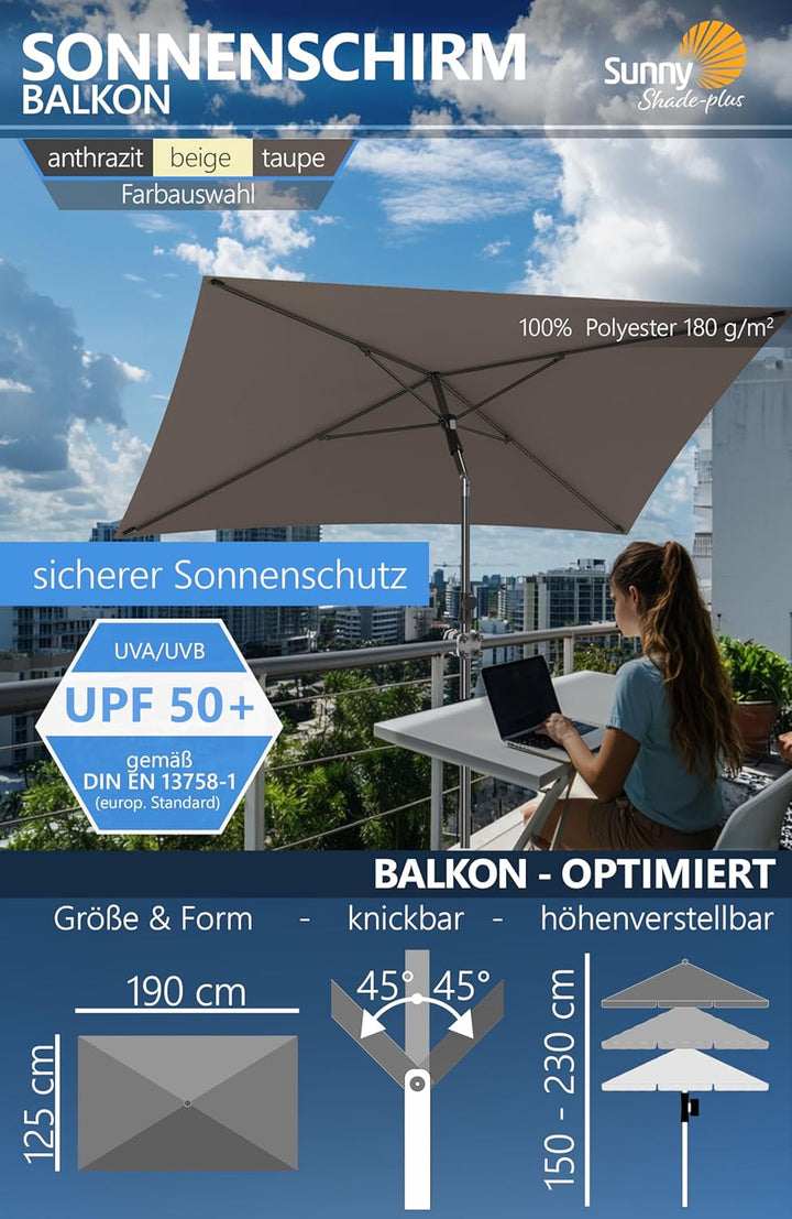 4smile Sonnenschirm Balkon SunnyShade, Sonnnenschutz Balkon SET 3-in-1, Taupe - UV50+ SunnyGuy Sonne